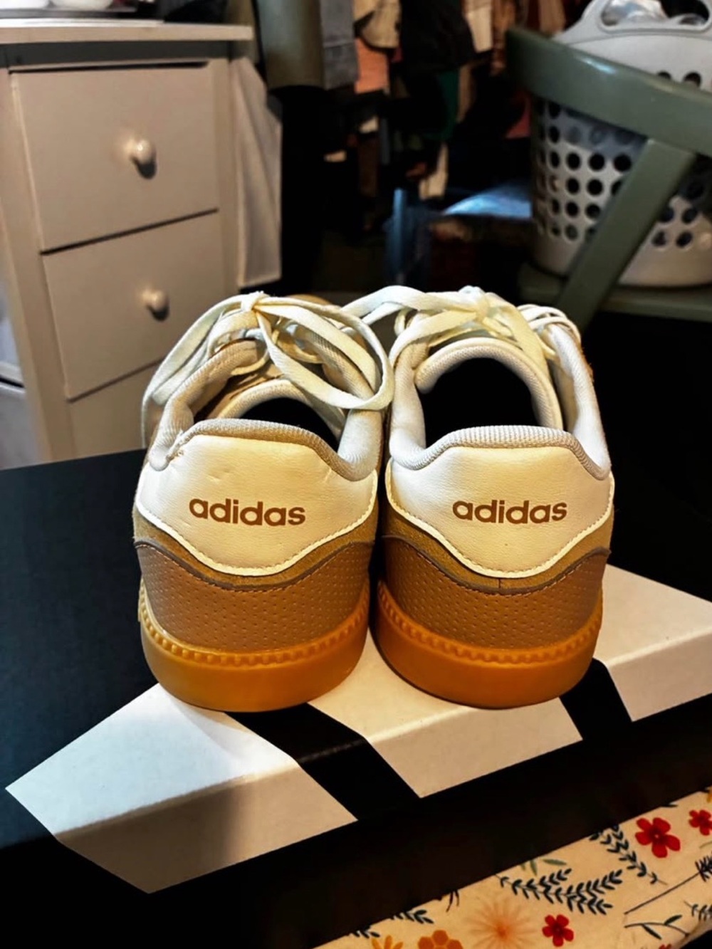 adidas Women’s Tan Suede Sneakers with White Stripes - Picture 3 of 8
